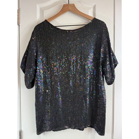 VTG Pete's Black Silk Multicolor Sequin Beaded Short Sleeve Blouse Top Women's M - Picture 3 of 10